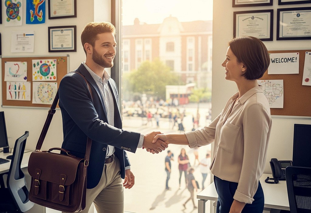Employer and boss shaking hands at a school office