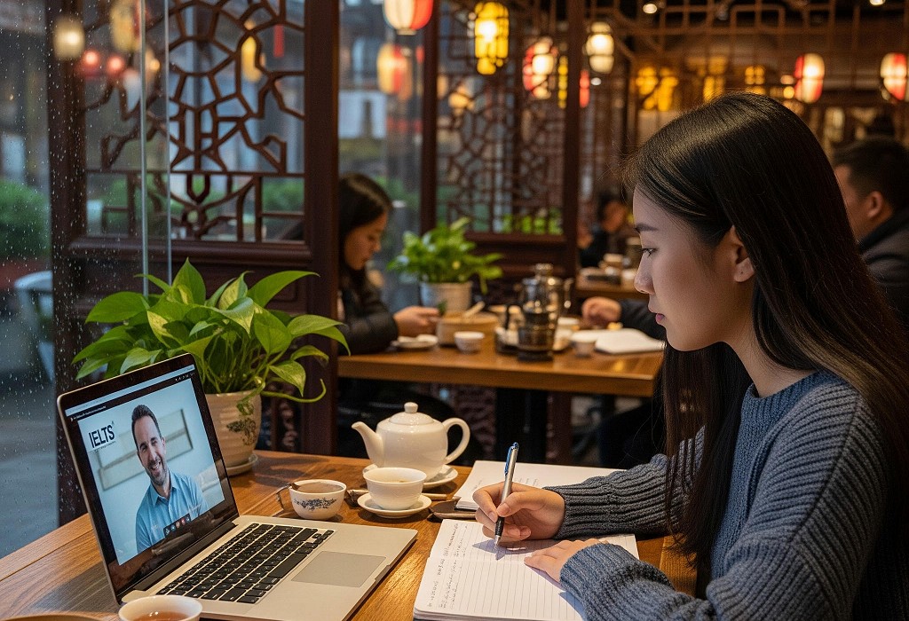 chinese lady in a tea shop on laptop