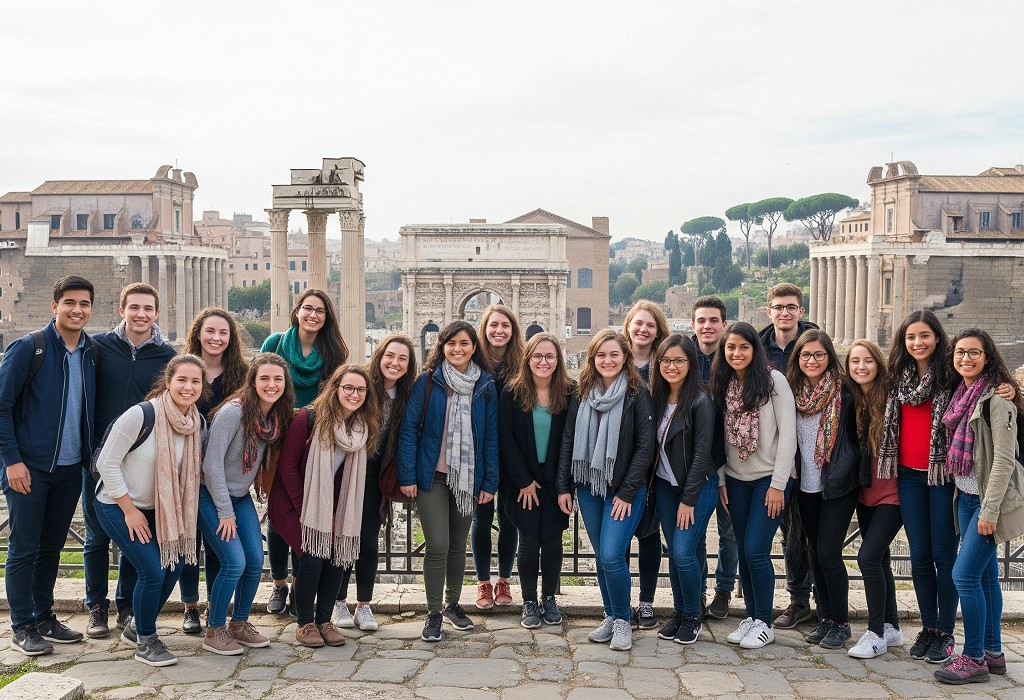 tefl students in rome in front of historic buildings