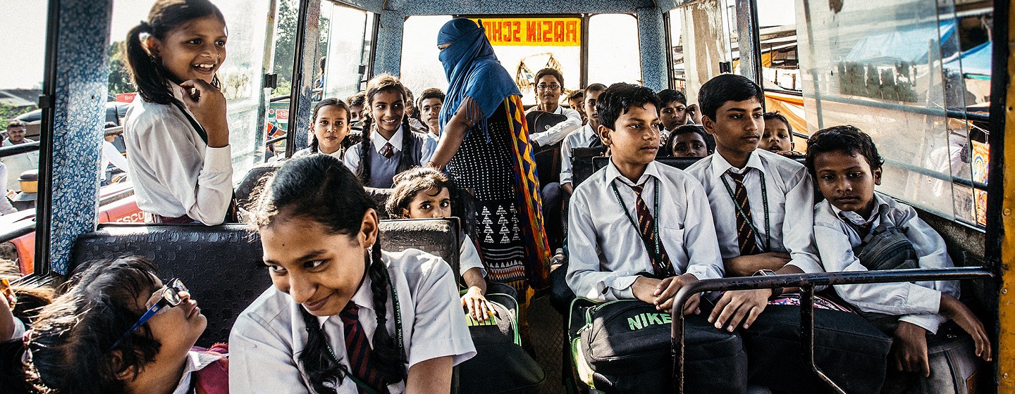 Indian schoolchildren on a bus