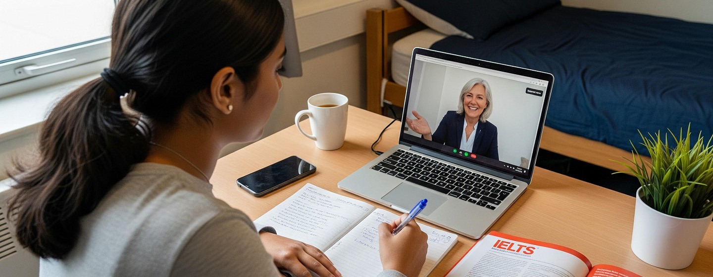 happy student showing her ielts score in a school hall