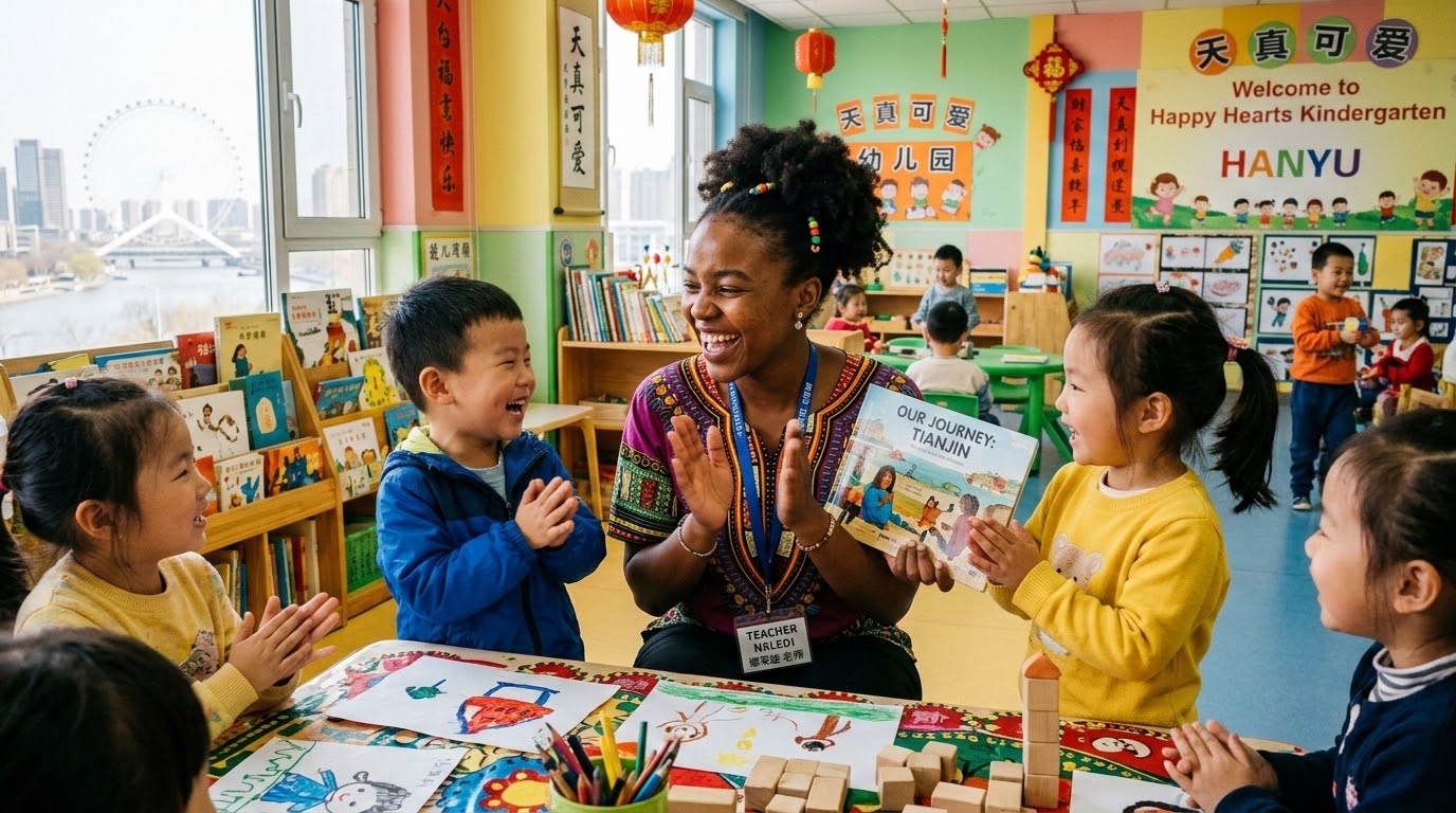 Teacher with kids in a classroom in China